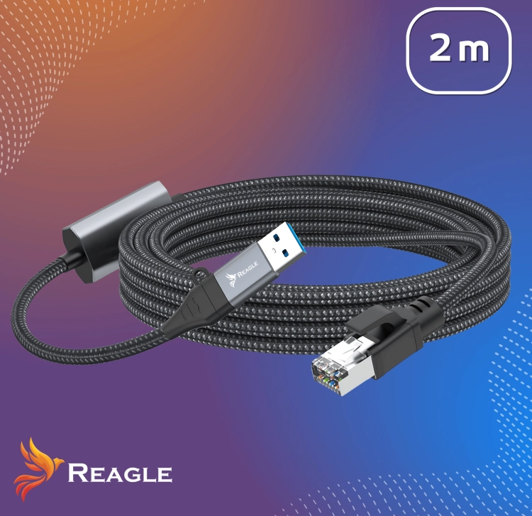 Reagle kabel sieciowy USB-C USB-A do RJ45 – długość 2 m, prędkość 2,5 Gb/s, kompatybilność z Windows i macOS