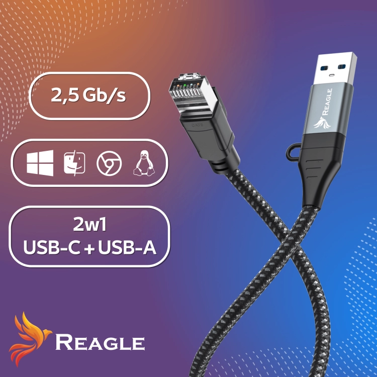 Reagle kabel USB-C USB-A do RJ45 Ethernet 2w1 – prędkość transferu 2,5 Gb/s, idealny do gier i pracy online