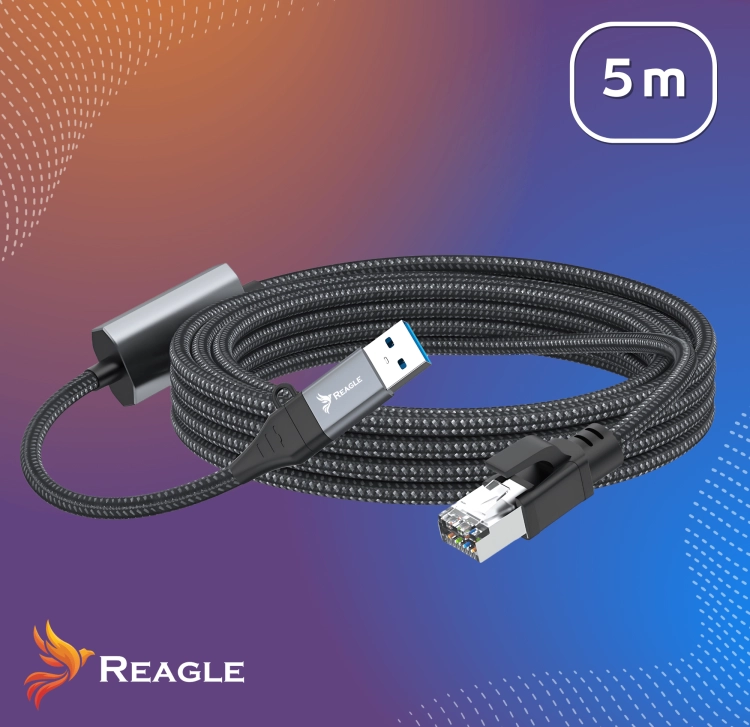 Reagle RUARJ500P – adapter sieciowy 2w1 USB-C USB-A do RJ45 – aluminiowa obudowa i nylonowy oplot
