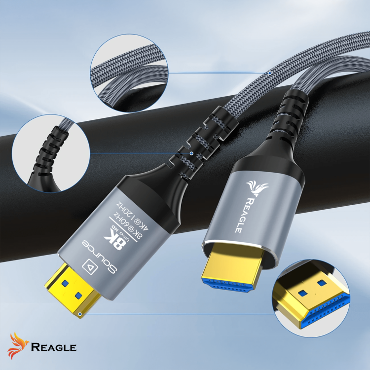Reagle HDMI 2.1 Kabel ULTRA – przewód optyczny AOC 48Gbps do obrazu 8K i 4K 120Hz HDR – kolor szary