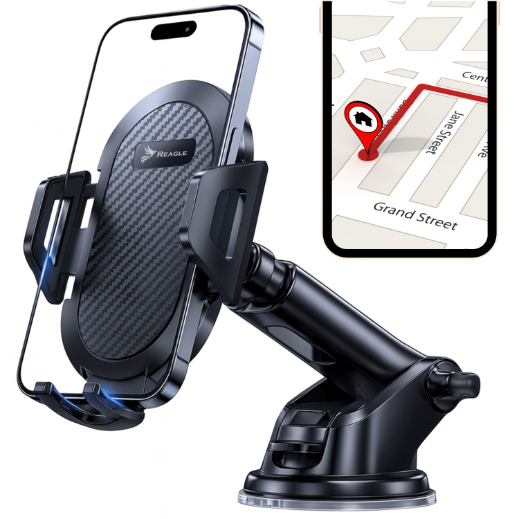 Reagle RCARHOLD1 Auto-Handyhalterung – Produktansicht mit Smartphone, Befestigung an Windschutzscheibe und Armaturenbrett