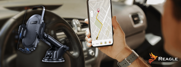 Installation of the Reagle RCARHOLD1 car mount on the dashboard – driver’s perspective view