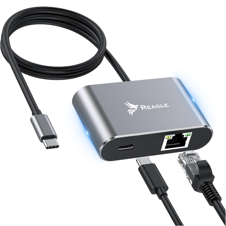 USB-C-Adapter auf Ethernet 2.5G RJ45 Reagle – Produktansicht mit Kabel