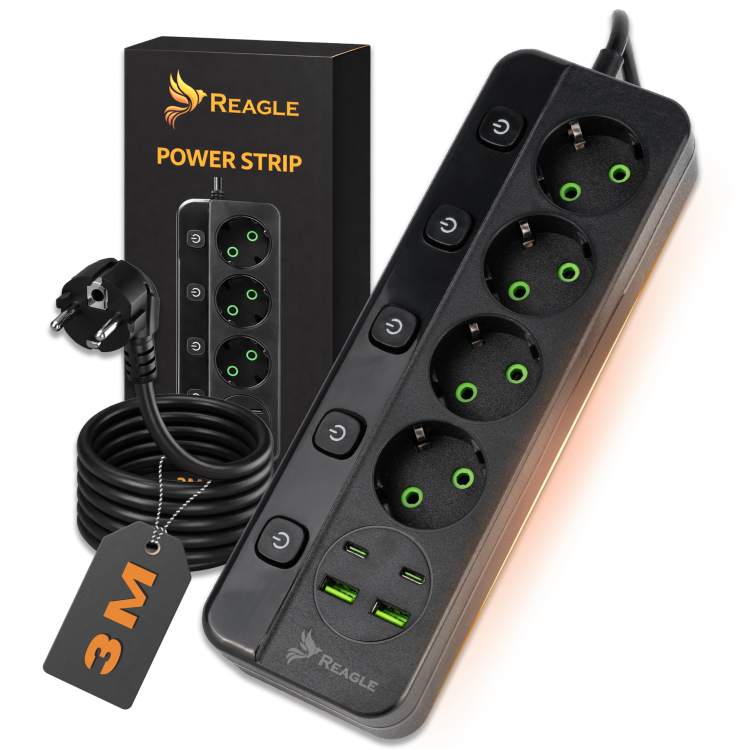 Reagle RSTRIP41 listwa zasilająca 4 gniazda 2 USB-A 2 USB-C 3m