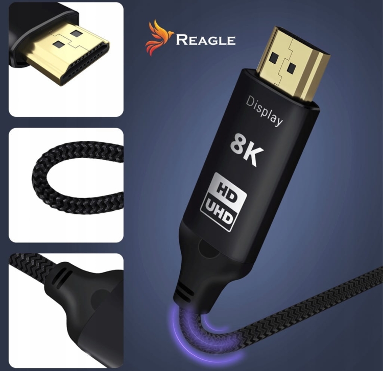 Zbliżenie na kabel Reagle RDH100P3 – końcówki DisplayPort i HDMI z logo DP i HDR