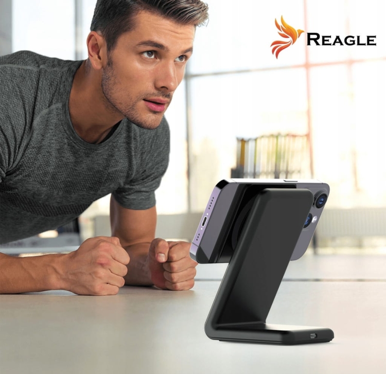 Reagle RCHARW2B ładowarka bezprzewodowa 2w1 z funkcją stojaka i szybkim ładowaniem 15W