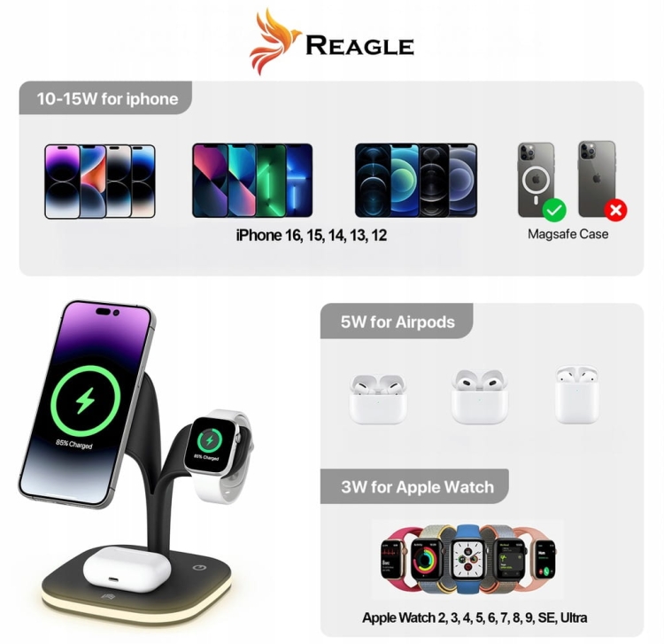 Reagle RCHARW4B ładowarka indukcyjna 5w1 z MagSafe Qi 15W – zestaw z iPhone Apple Watch AirPods