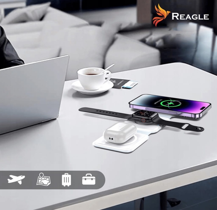 Reagle RCHARW1W ładowarka indukcyjna MagSafe 3w1 – składana, kompaktowa, biała