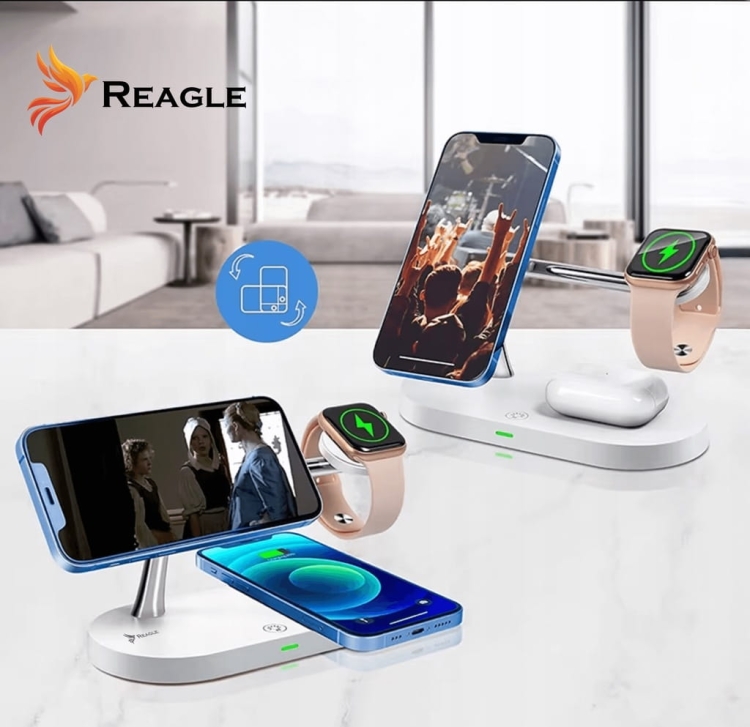 Stacja ładowania Qi 15W Reagle 5w1 – ładowarka do iPhone, Apple Watch, AirPods, port USB-A, lampka nocna