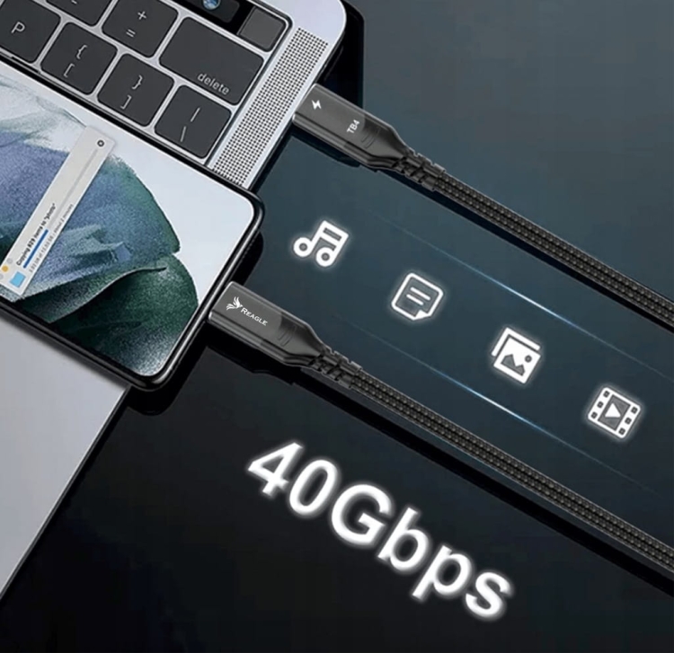 Zbliżenie na wtyk USB-C Reagle Thunderbolt 4 Pro – pozłacane końcówki, metalowa obudowa, kabel premium 1m