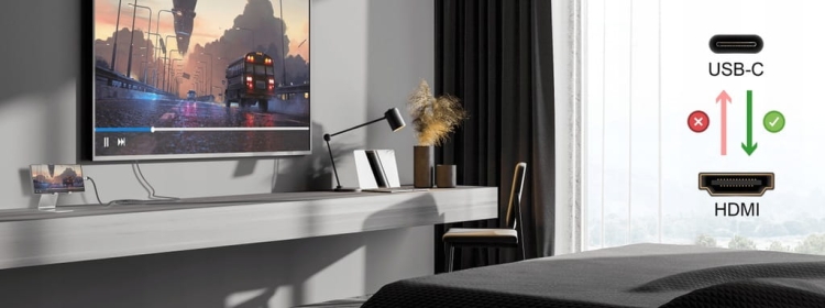 Schemat działania przewodu Reagle RUCH200P2 – jednokierunkowa transmisja sygnału z USB-C do HDMI