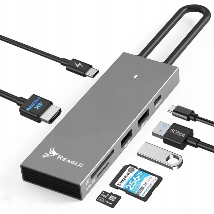 Reagle RHUB55C hub USB-C 7w1 HDMI 4K 60Hz PD 100W czytnik kart