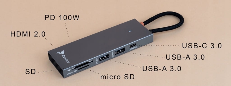 Solidna aluminiowa obudowa Reagle RHUB55C – wejścia USB C 3.0, USB-A 3.0 x2, micro SD, SD, HDMI 2.0, PD 100w