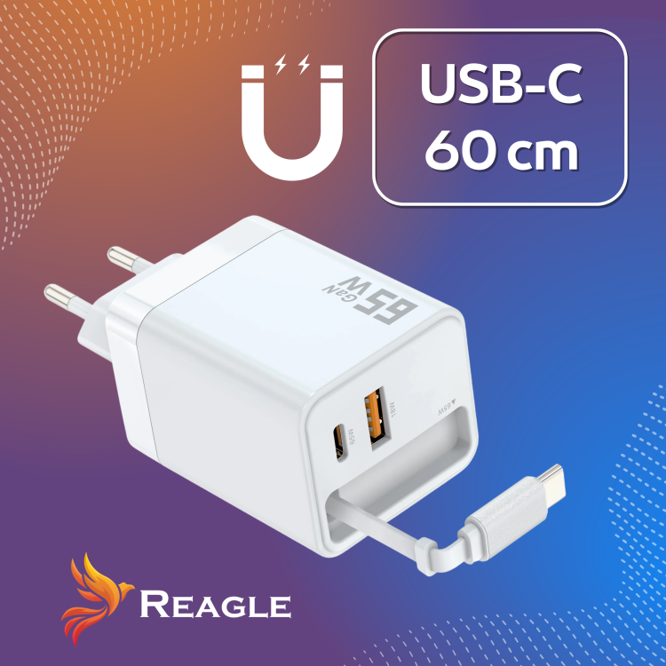Zwijany kabel USB-C 60 cm z magnesem – ładowarka Reagle GaN 65W
