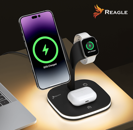 REAGLE ŁADOWARKA INDUKCYJNA 5W1 MAGSAFE QI 15W IPHONE, LAMPKA NOCNA SMARTWATCH