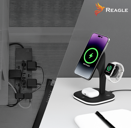 REAGLE ŁADOWARKA INDUKCYJNA 5W1 MAGSAFE QI 15W IPHONE, LAMPKA NOCNA SMARTWATCH