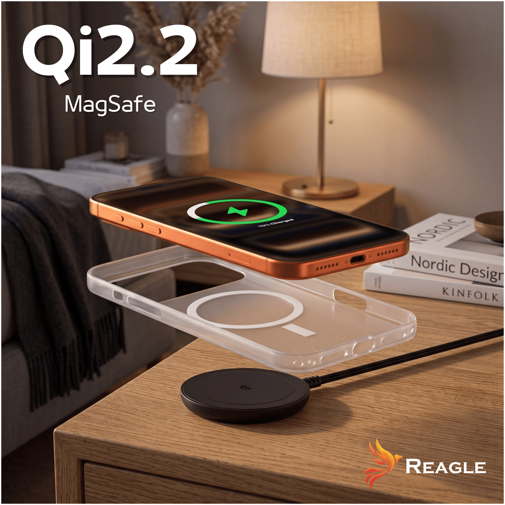 ŁADOWARKA INDUKCYJNA BEZPRZEWODOWA DO TELEFONU APPLE SAMSUNG RCHARQ3B REAGLE MAGSAFE QI2.2 25W + KABEL ZASILAJĄCY USB-C 1,5 M CZARNA