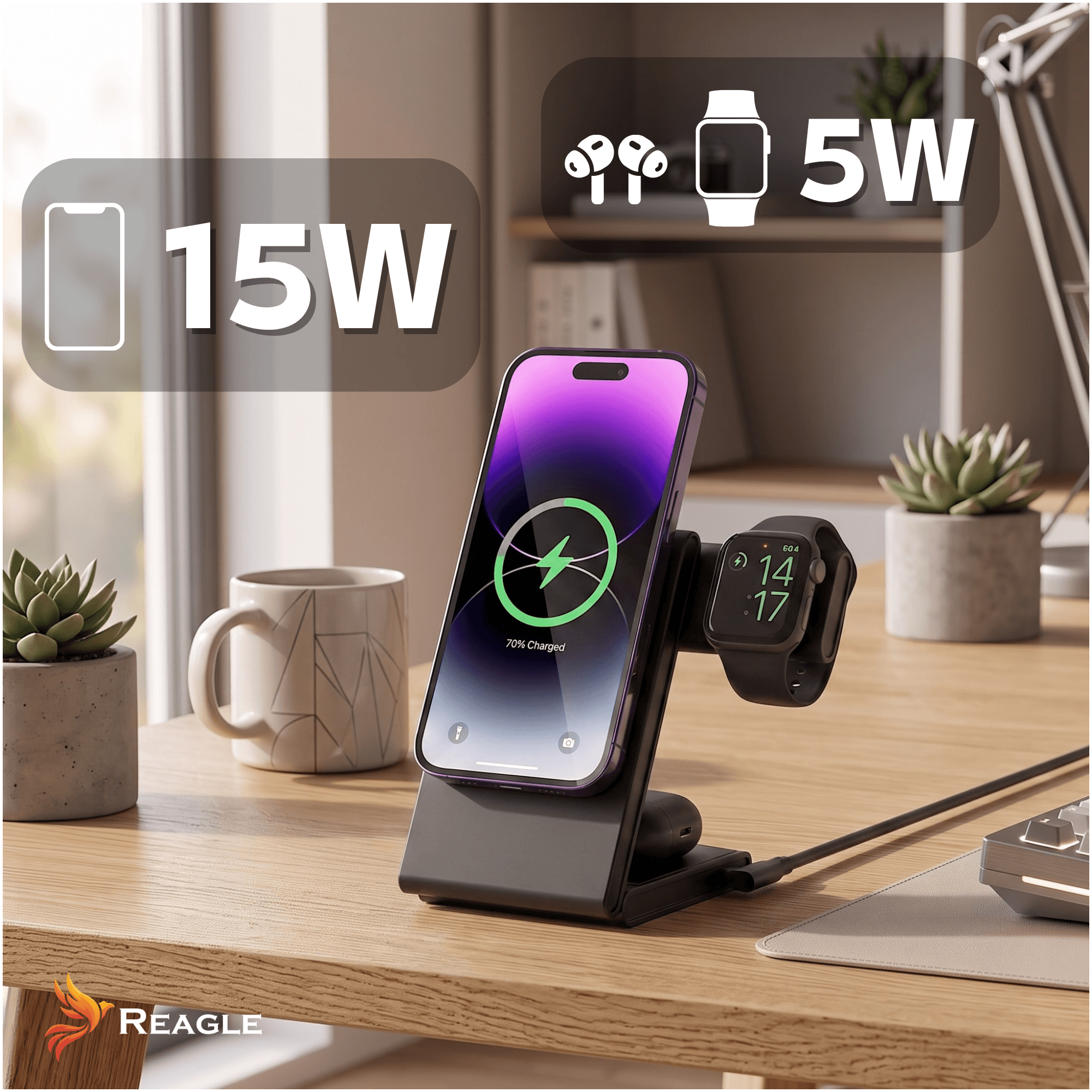 Ładowarka indukcyjna bezprzewodowa RCHARW51B 3w1 REAGLE - składana do smartfonów iPhone i airpods, smartwatch Apple Qi2 15W MagSafe Czarna