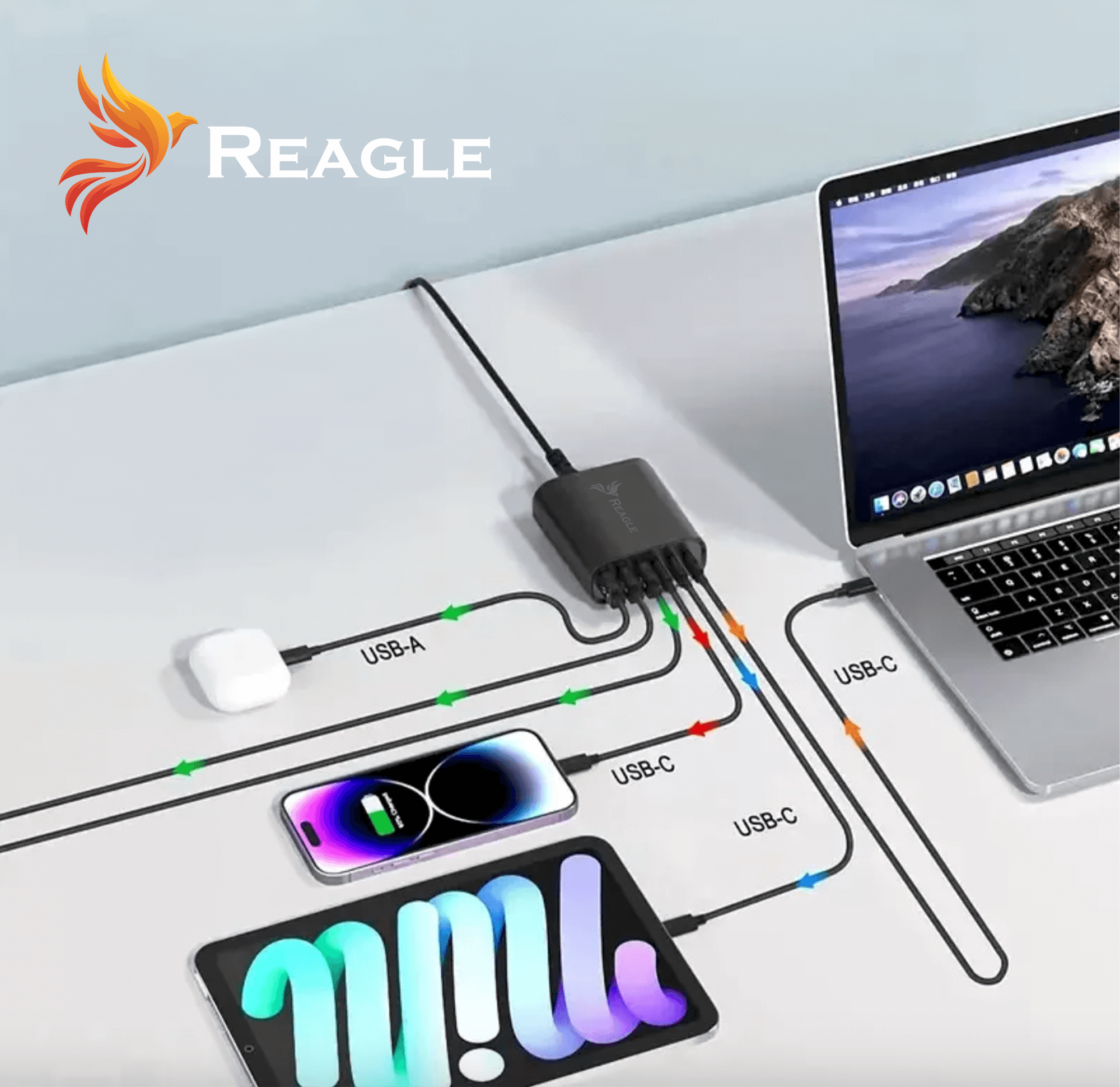 Szybka Ładowarka GaN 200W PD 3x USB C 3x Qc 3.0 Do Laptopa Iphone 100W Mac