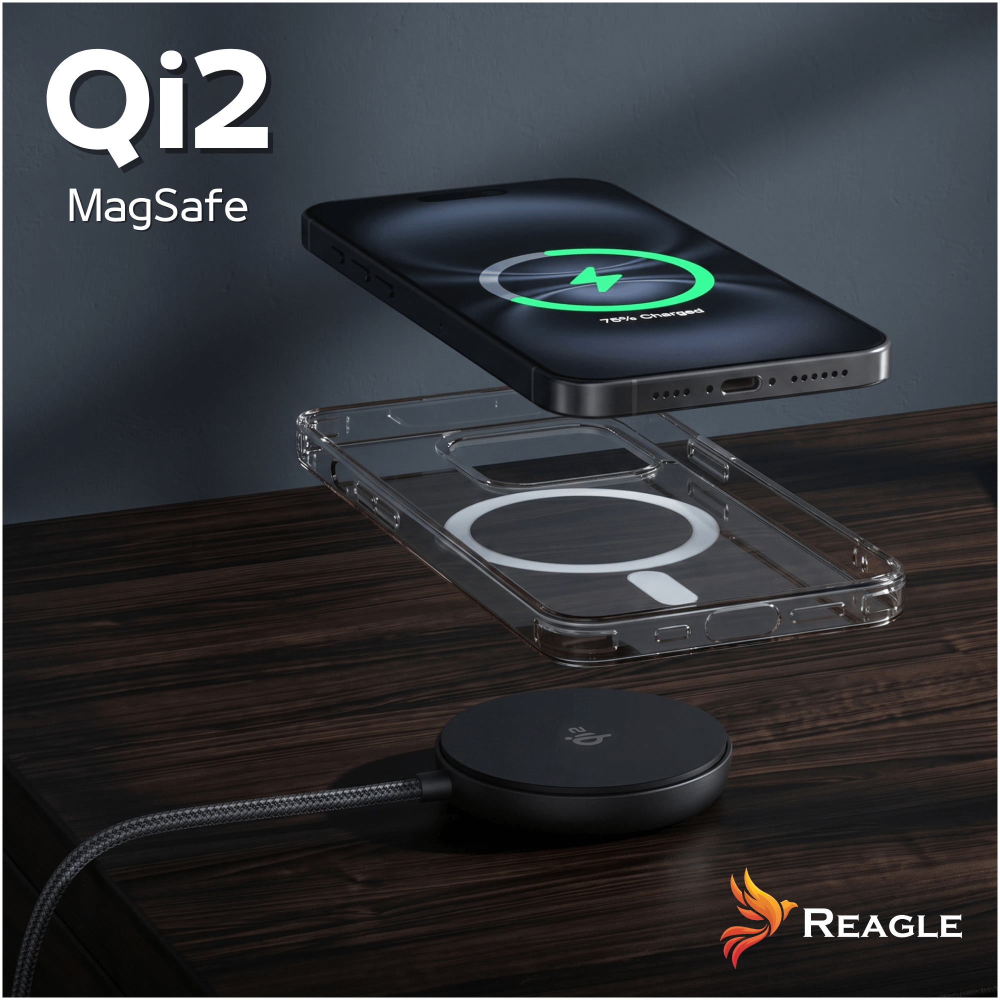 ŁADOWARKA INDUKCYJNA BEZPRZEWODOWA DO TELEFONU APPLE SAMSUNG RCHARQ4B REAGLE MAGSAFE QI2 15W + KABEL ZASILAJĄCY USB-C 1,5 M CZARNA
