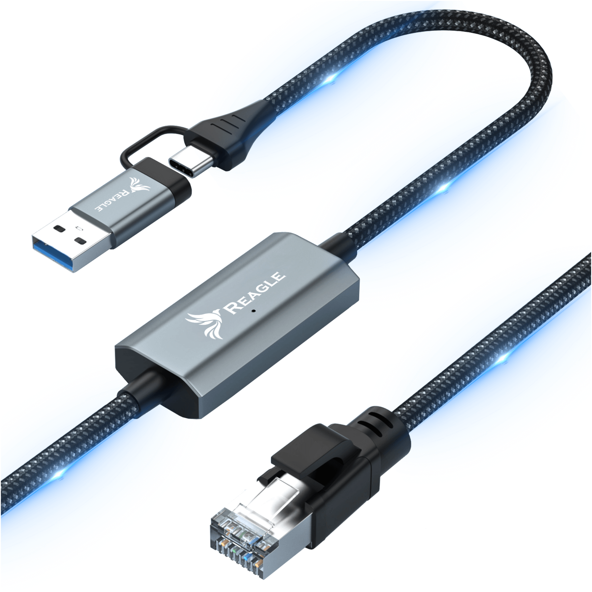 Zbliżenie na przewód Reagle z dwoma końcówkami: z jednej strony złącze USB-C i USB-A, a z drugiej port RJ45.