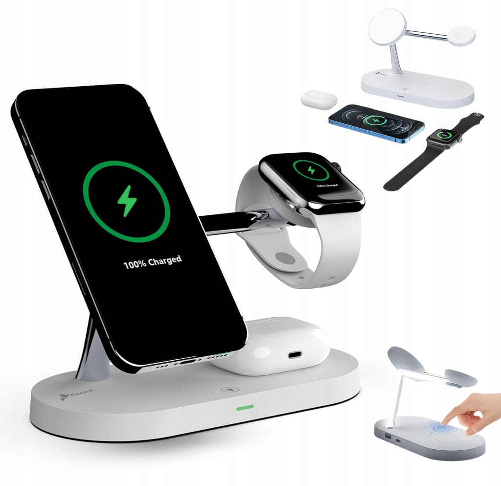 : Biała stacja ładująca Reagle 5w1 z telefonem na MagSafe, zegarkiem Apple Watch i etui AirPods; podstawka ze zintegrowaną lampką LED.