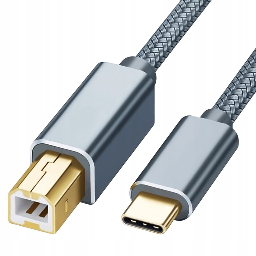 Końcówki srebrnego kabla do drukarek - widok wtyczek USB C i USB B