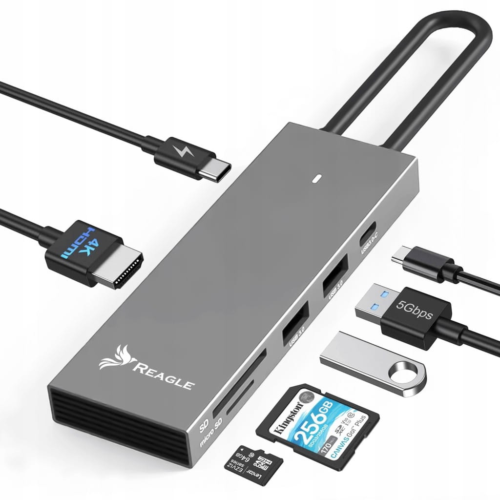 Reagle RHUB55C aktywny hub USB-C 7w1 z HDMI 2.0 PD100W i czytnikiem kart