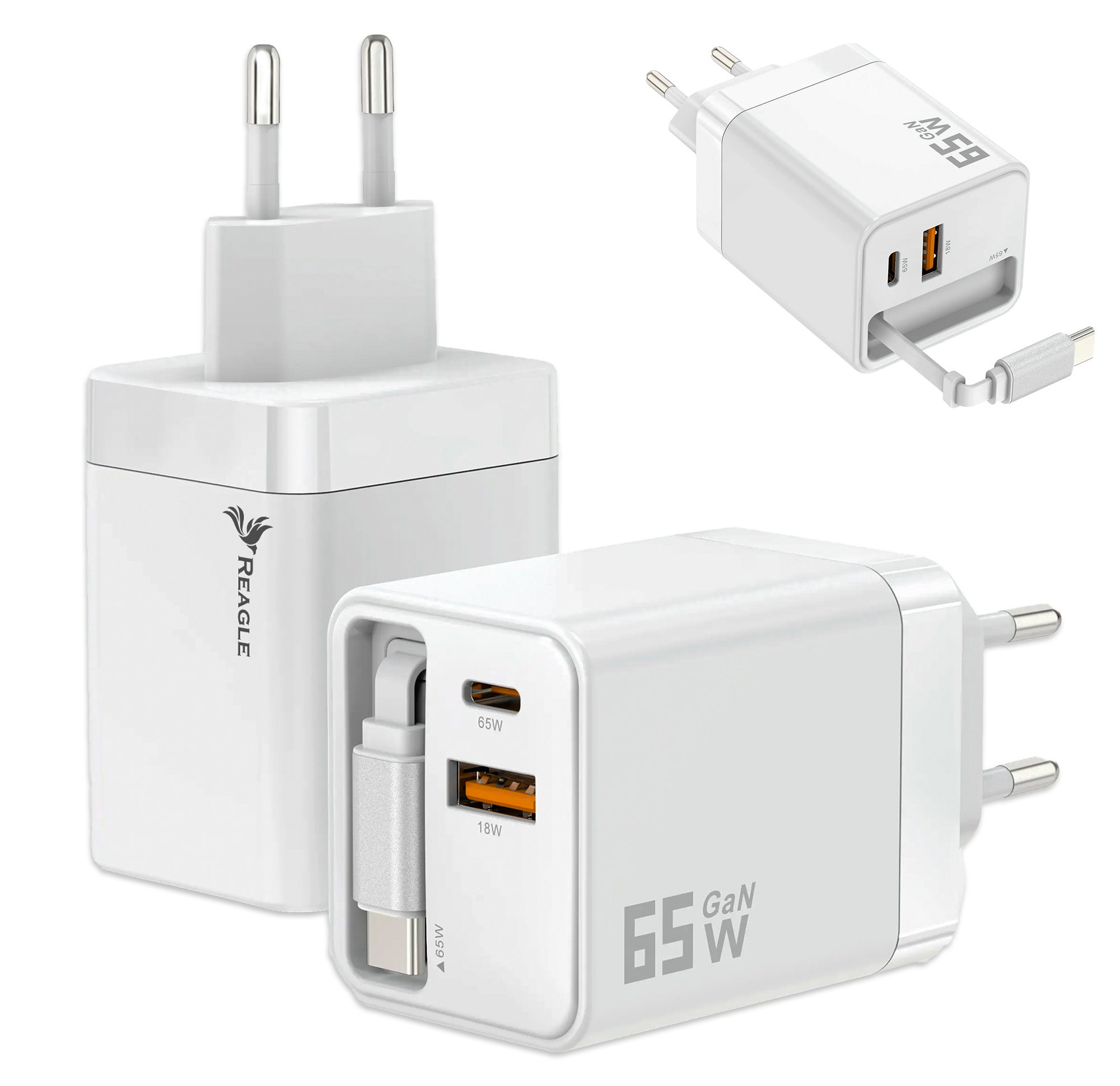 Biała ładowarka sieciowa Reagle RCHAR55 z wbudowanym kablem USB-C, portem USB-C PD i USB-A QC 3.0, widok z przodu.